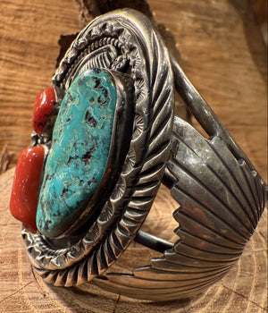 3 Stone Turquoise and Coral Bracelet