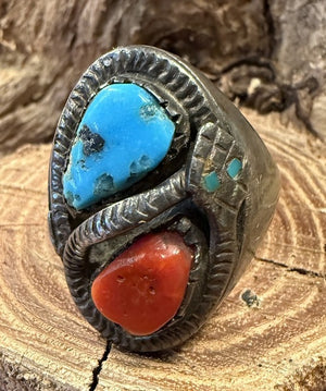 Coral and Turquoise Snake Ring