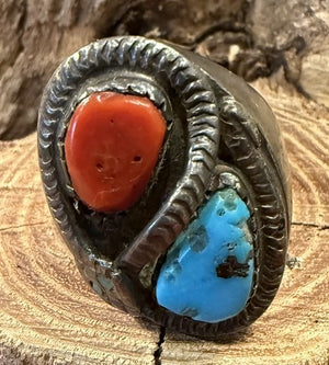 Coral and Turquoise Snake Ring