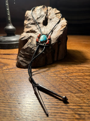 Old Pawn Morenci Turquoise & Coral Bolo Tie