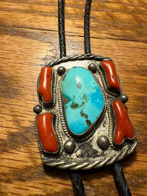 Old Pawn Morenci Turquoise & Coral Bolo Tie