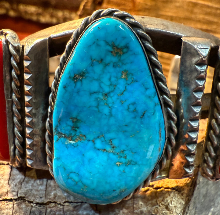 Old Pawn Turquoise and Coral Heavy Cuff Bracelet