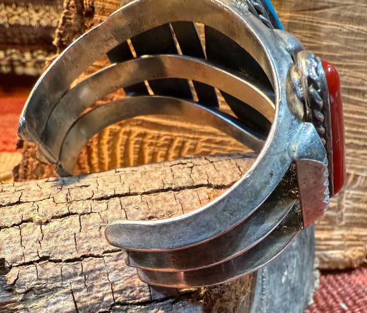 Old Pawn Turquoise and Coral Heavy Cuff Bracelet