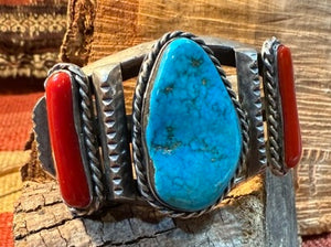 Old Pawn Turquoise and Coral Heavy Cuff Bracelet