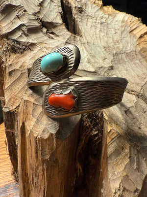 Sandcast Silver Bracelet with Turquoise & Coral