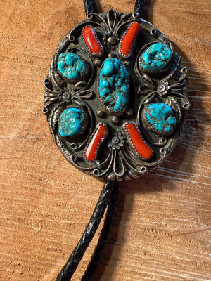 Turquoise & Coral Navajo Bolo Tie