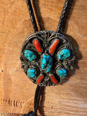 Turquoise & Coral Navajo Bolo Tie