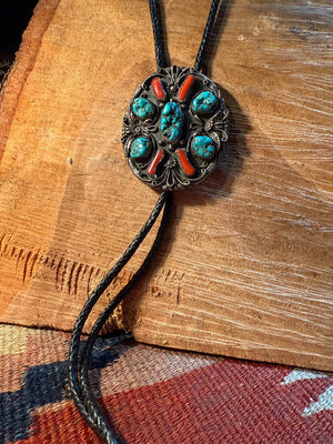 Turquoise & Coral Navajo Bolo Tie