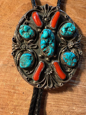 Turquoise & Coral Navajo Bolo Tie