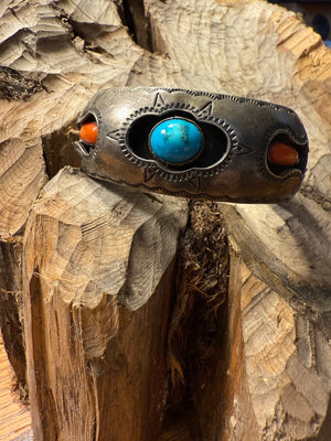 Turquoise & Coral Shadowbox Cuff Bracelet