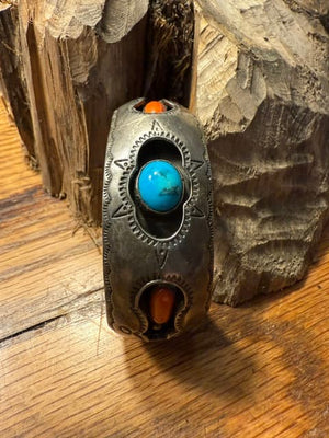 Turquoise & Coral Shadowbox Cuff Bracelet
