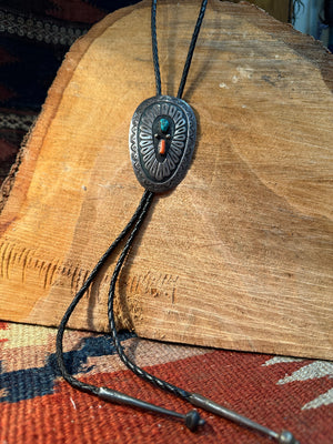 Turquoise & Coral Silver Bolo Tie