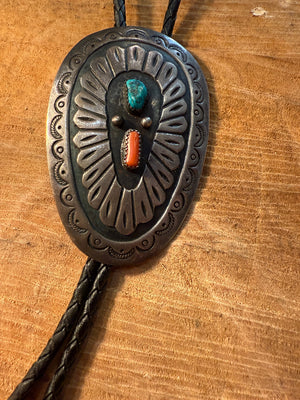 Turquoise & Coral Silver Bolo Tie
