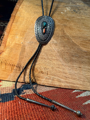 Turquoise & Coral Silver Bolo Tie