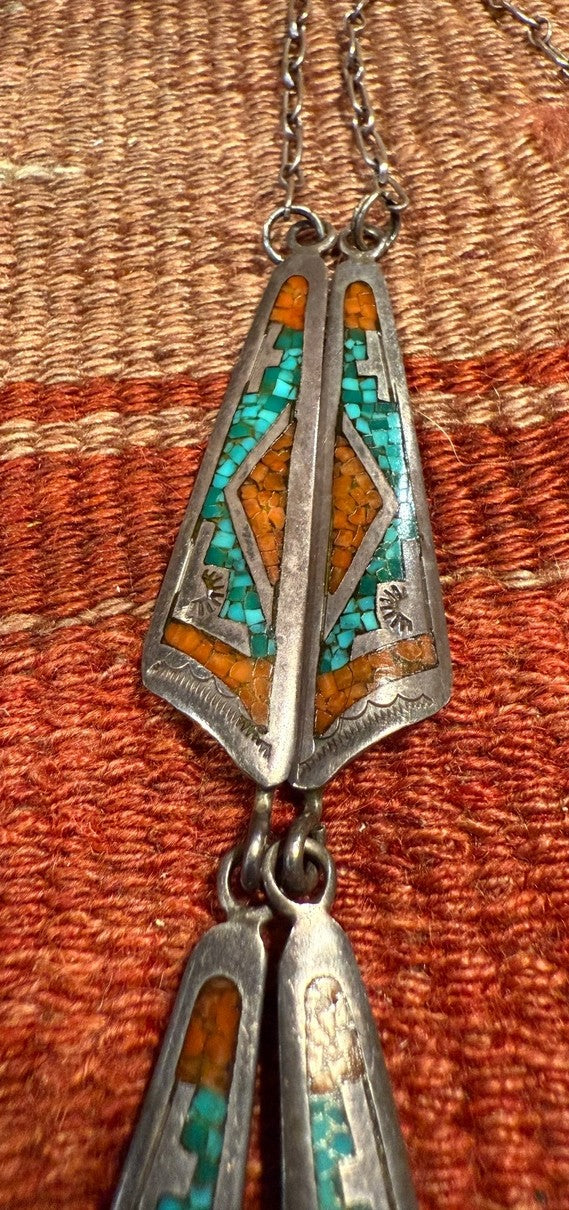 Turquoise and Coral 5 Segment Inlay Necklace