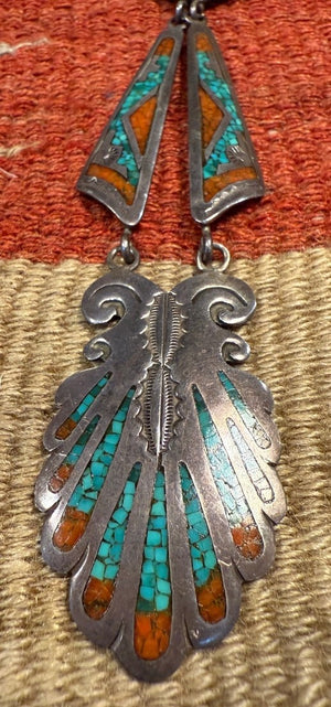 Turquoise and Coral 5 Segment Inlay Necklace