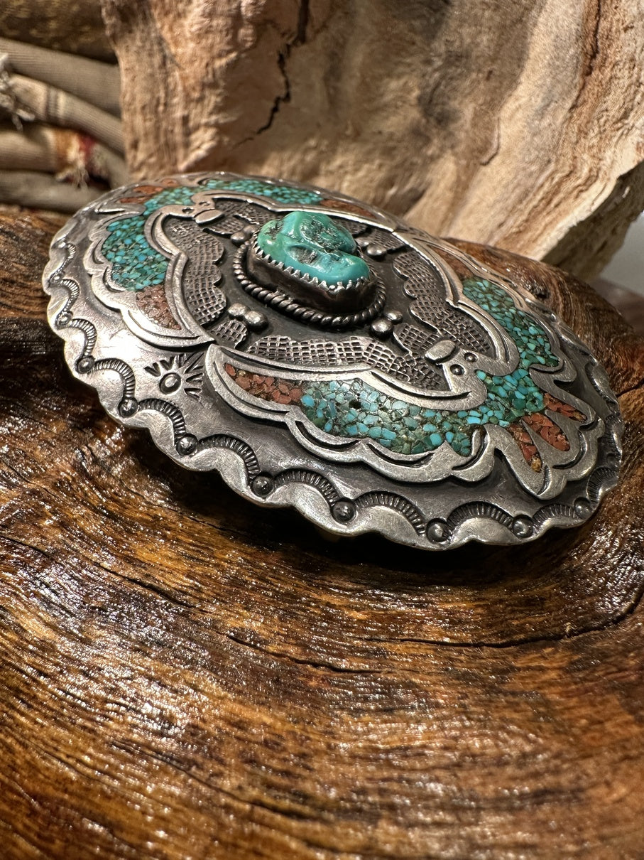 Turquoise and Coral Belt Buckle