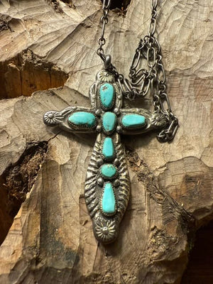 Zuni Sandcast Silver Turquoise Cross Necklace