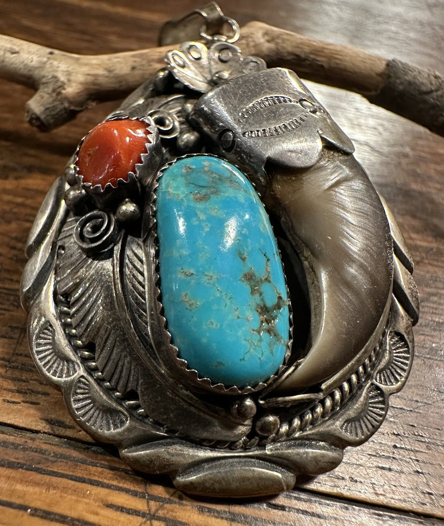 Bear Claw Turquoise and Coral Pendant
