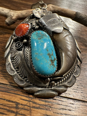 Bear Claw Turquoise and Coral Pendant