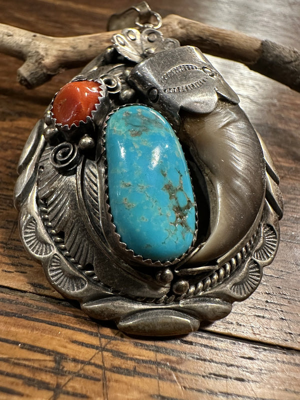 Bear Claw Turquoise and Coral Pendant | Native American