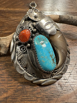 Bear Claw Turquoise and Coral Pendant