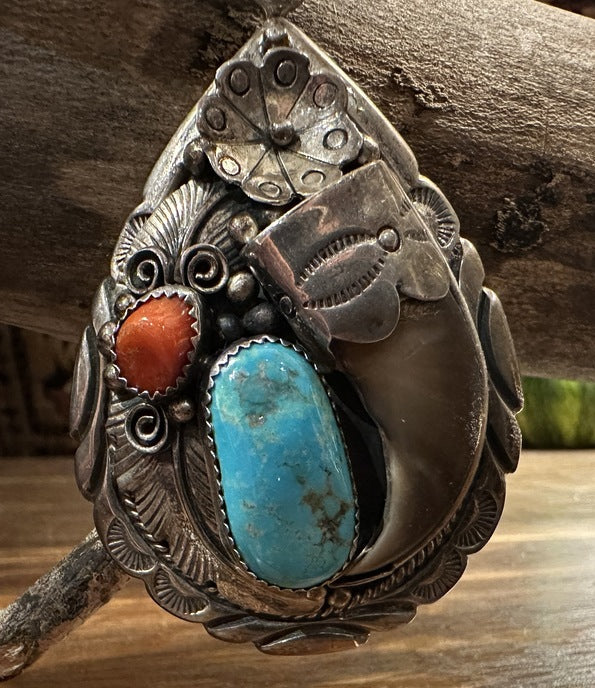 Bear Claw Turquoise and Coral Pendant