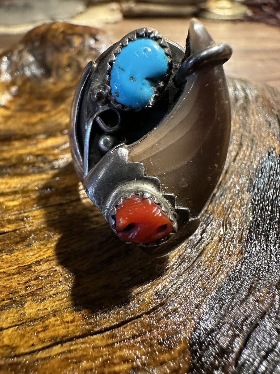 Coral Turquoise and Bear Claw Ring
