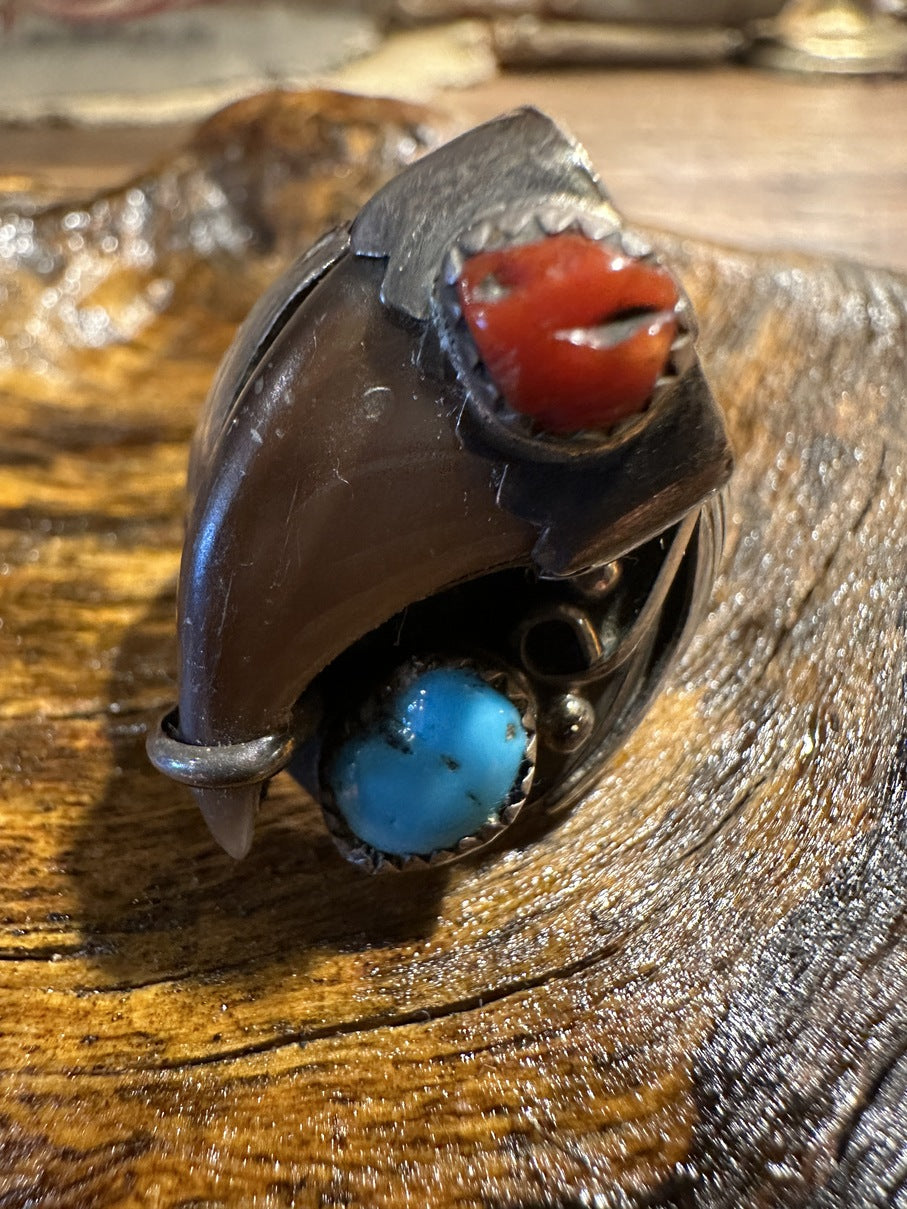 Coral Turquoise and Bear Claw Ring