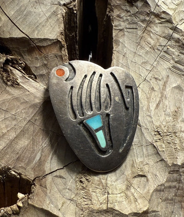 Inlay Bear Claw Turquoise Coral Pin
