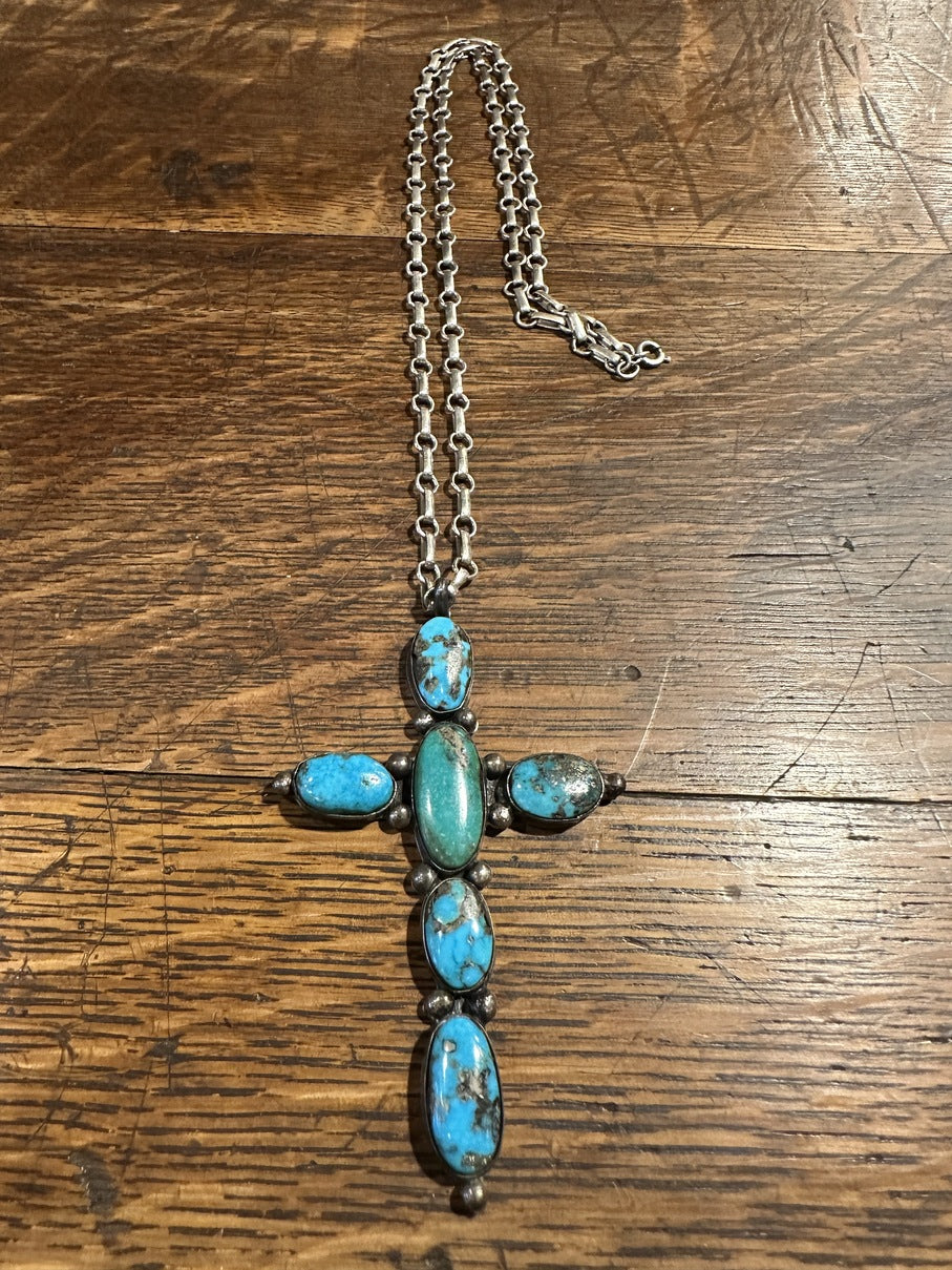 Morenci Blue Cabochon Cross with Silver Rain Drops 