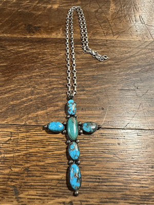 Morenci Blue Cabochon Cross with Silver Rain Drops 