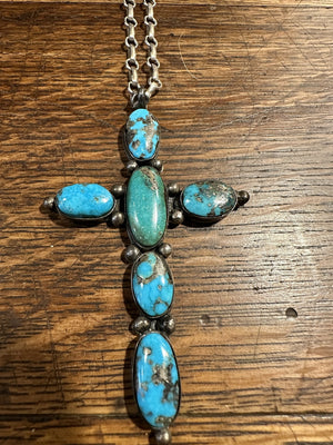 Morenci Blue Cabochon Cross with Silver Rain Drops 