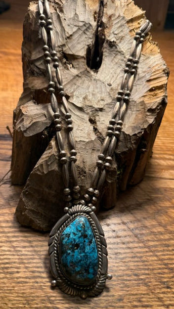 Morenci Stone and Silver Bead Pendant Necklace