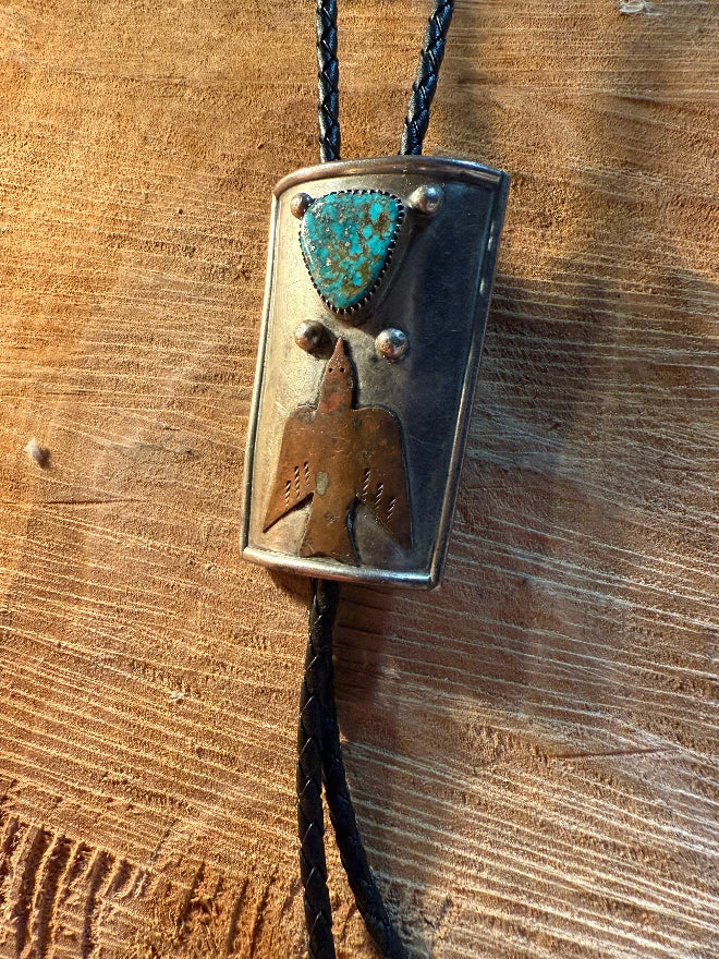 Morenci Turquoise & Copper Peyote Bird Bolo Tie