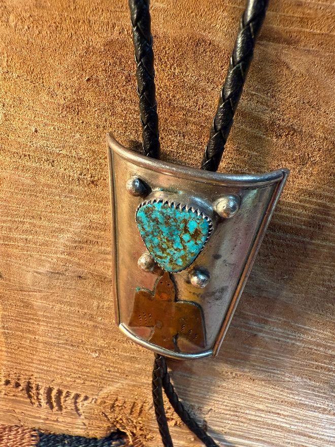 Morenci Turquoise & Copper Peyote Bird Bolo Tie