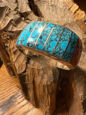 Morenci Turquoise Heavy Silver Channel Inlay Bracelet