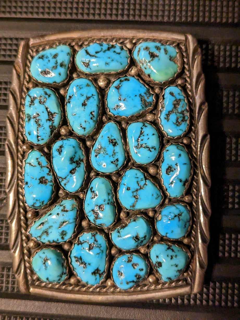 Vintage native American silver and turquoise deals belt buckle