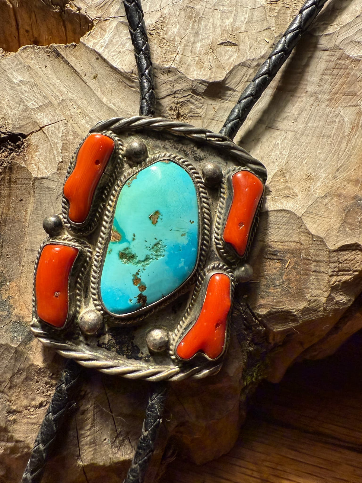 Old Pawn Morenci Turquoise & Coral Bolo Tie