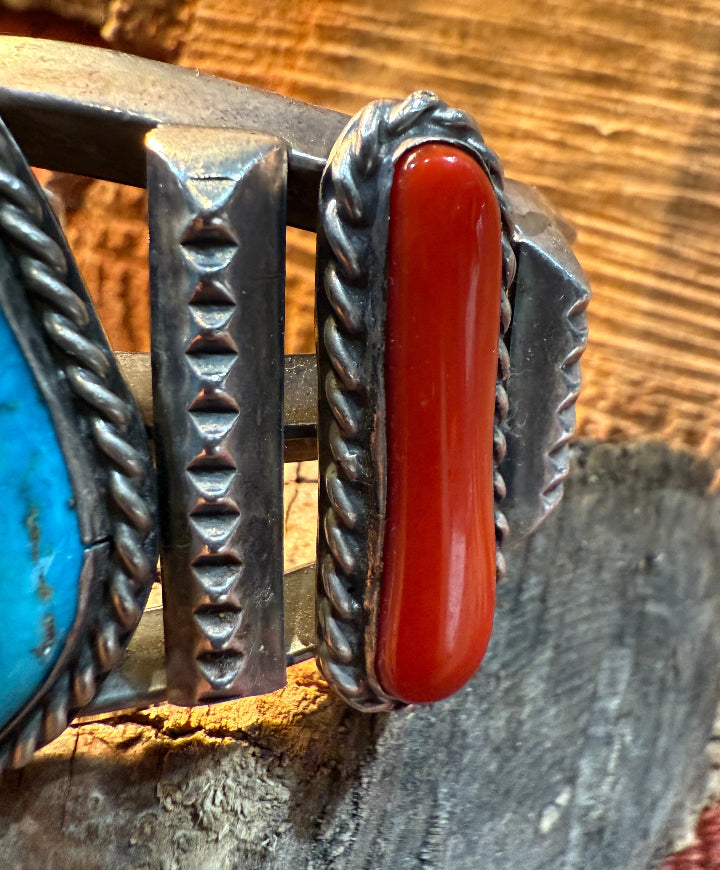 Old Pawn Turquoise and Coral Heavy Cuff Bracelet