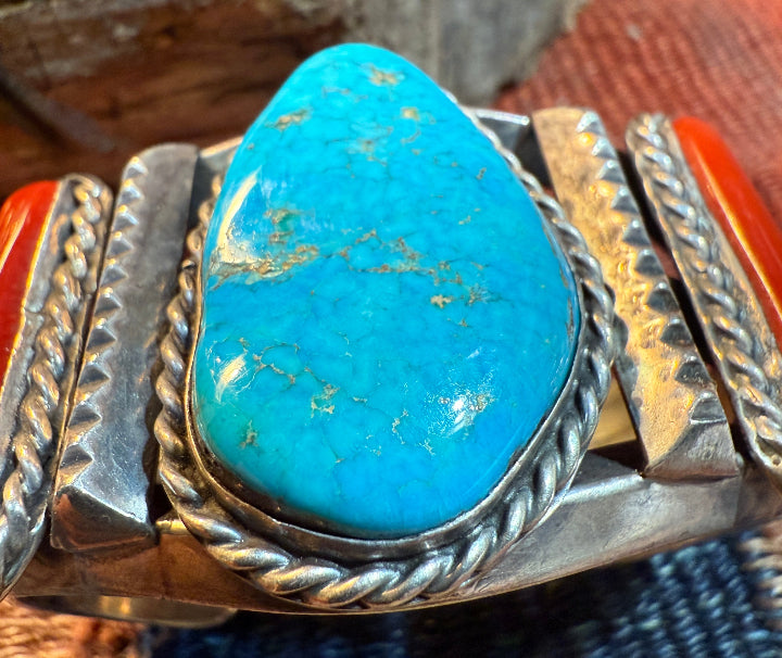 Old Pawn Turquoise and Coral Heavy Cuff Bracelet