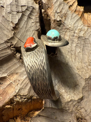Sandcast Silver Bracelet with Turquoise & Coral