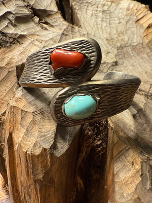 Sandcast Silver Bracelet with Turquoise & Coral