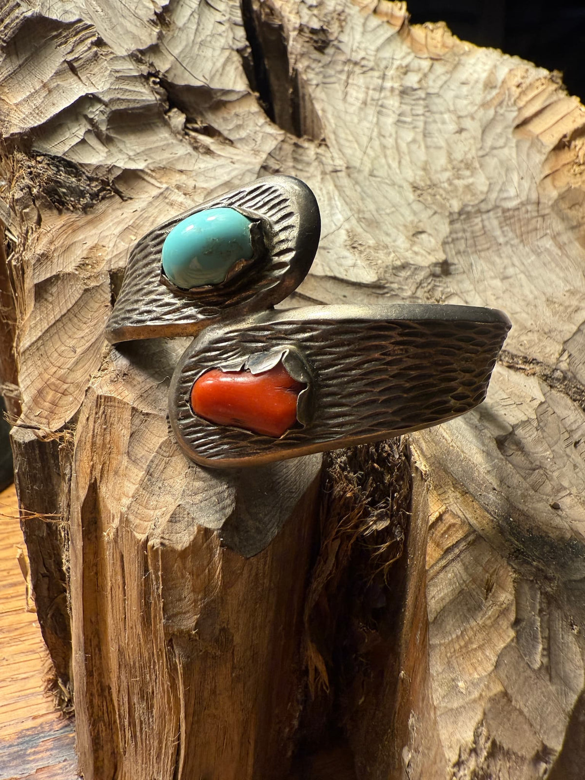 Sandcast Silver Bracelet with Turquoise & Coral