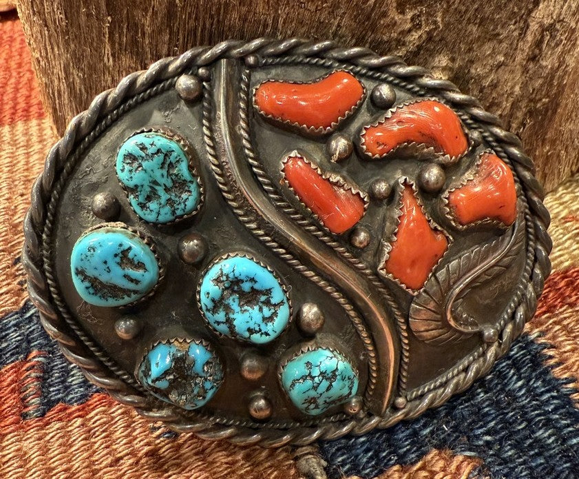 Silver Turquoise and Coral Buckle