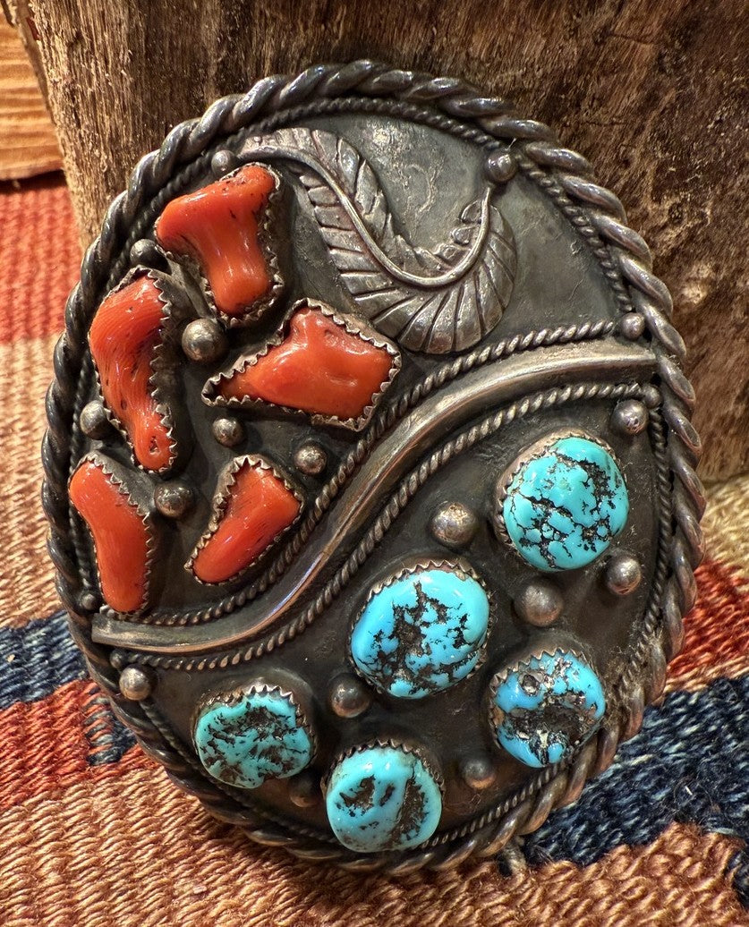 Silver Turquoise and Coral Buckle