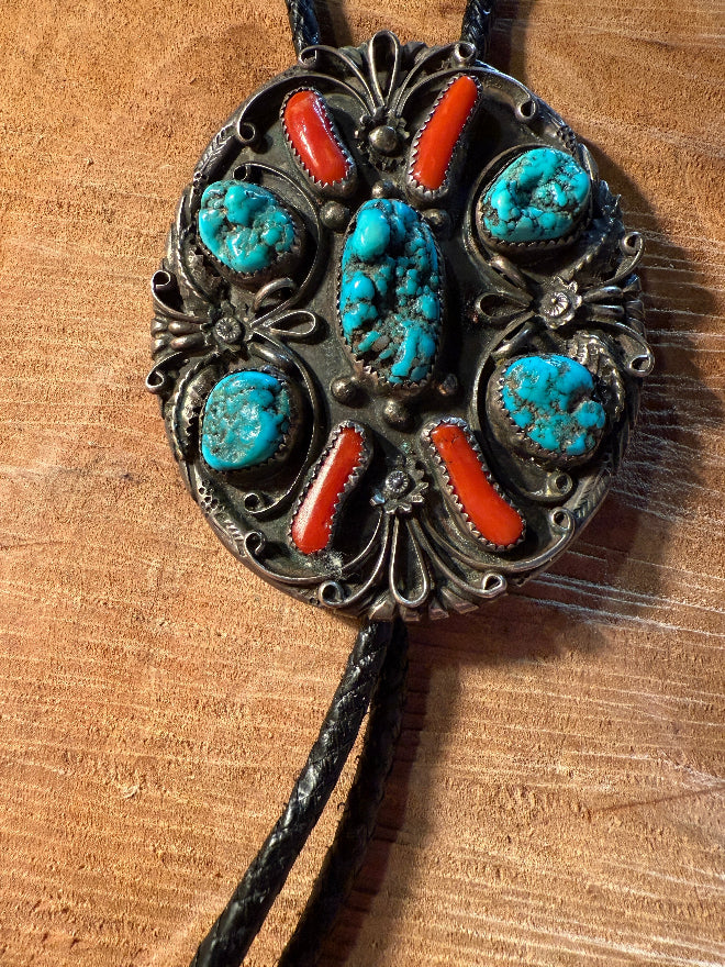 Turquoise & Coral Navajo Bolo Tie