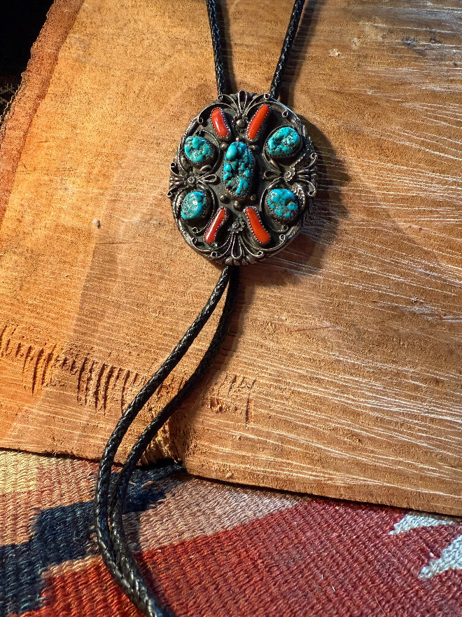 Turquoise & Coral Navajo Bolo Tie