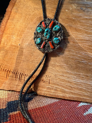 Turquoise & Coral Navajo Bolo Tie