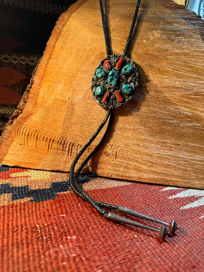 Turquoise & Coral Navajo Bolo Tie